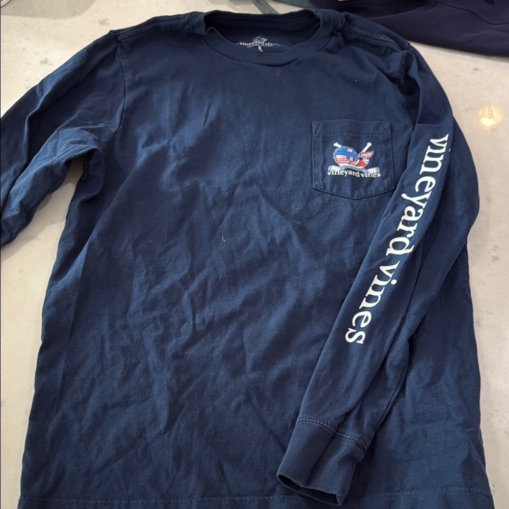 Vineyard Vines Long Sleeve Hockey Blue Tee with Logo